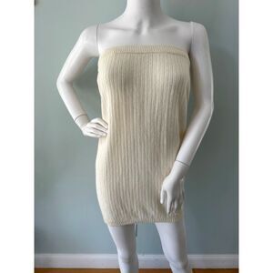 Vintage Ribbed Knit Tube Dress Strapless Cream Off White Mini Bodycon Small